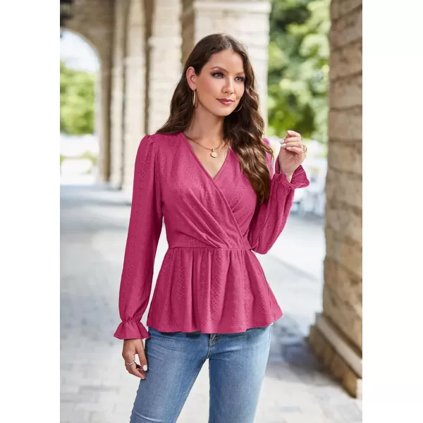 GRACE KARIN Womens Long Sleeve Tops V Neck Eyelet Top Peplum Blouse Casual Fall Wrap TopRose Redlong Sleeve