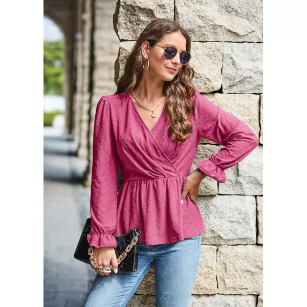 GRACE KARIN Womens Long Sleeve Tops V Neck Eyelet Top Peplum Blouse Casual Fall Wrap TopRose Redlong Sleeve