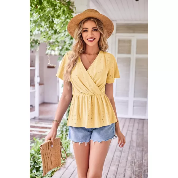 GRACE KARIN Womens Long Sleeve Tops V Neck Eyelet Top Peplum Blouse Casual Fall Wrap TopYellow