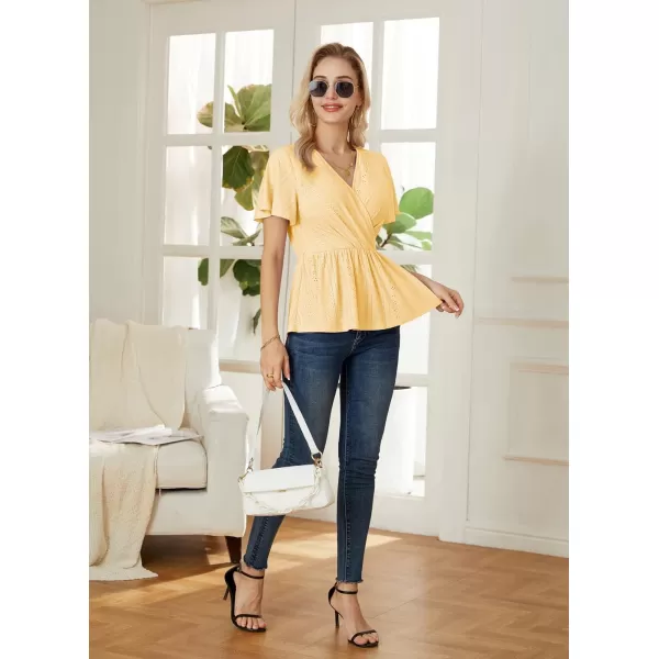 GRACE KARIN Womens Long Sleeve Tops V Neck Eyelet Top Peplum Blouse Casual Fall Wrap TopYellow