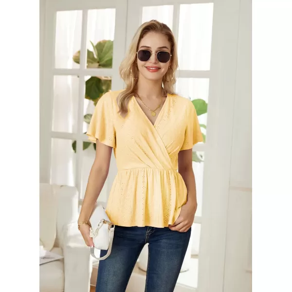 GRACE KARIN Womens Long Sleeve Tops V Neck Eyelet Top Peplum Blouse Casual Fall Wrap TopYellow