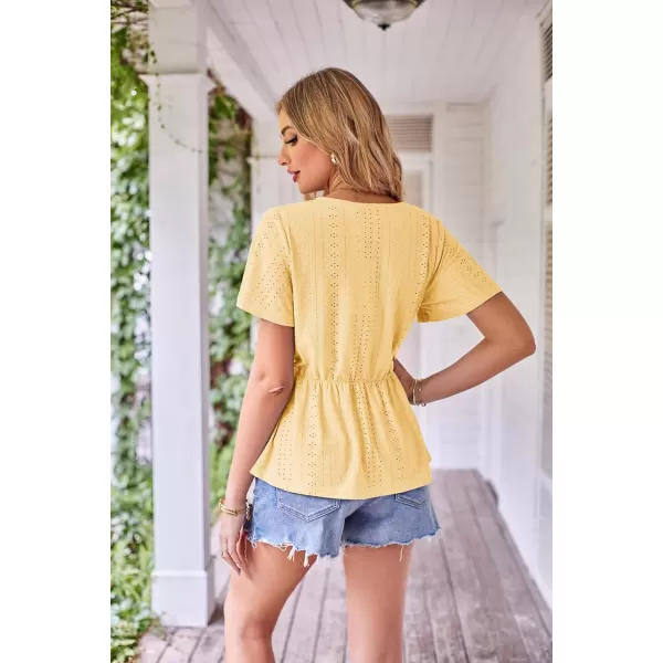 GRACE KARIN Womens Long Sleeve Tops V Neck Eyelet Top Peplum Blouse Casual Fall Wrap TopYellow