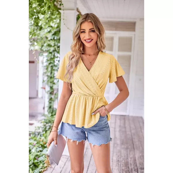 GRACE KARIN Womens Long Sleeve Tops V Neck Eyelet Top Peplum Blouse Casual Fall Wrap TopYellow