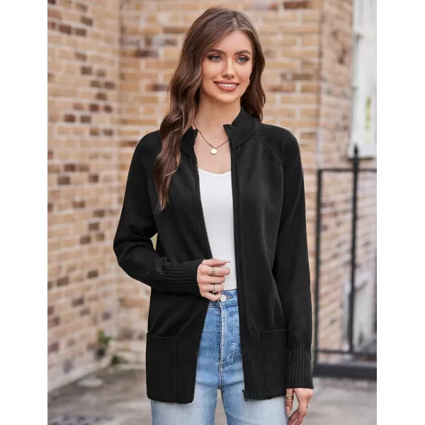 GRACE KARIN Womens Long Sleeve Zip Up Knit Cardigan with Pockets Stand Collar Full Zip Sweater Coat LightweightBlack