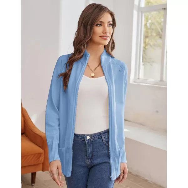 GRACE KARIN Womens Long Sleeve Zip Up Knit Cardigan with Pockets Stand Collar Full Zip Sweater Coat LightweightBlue