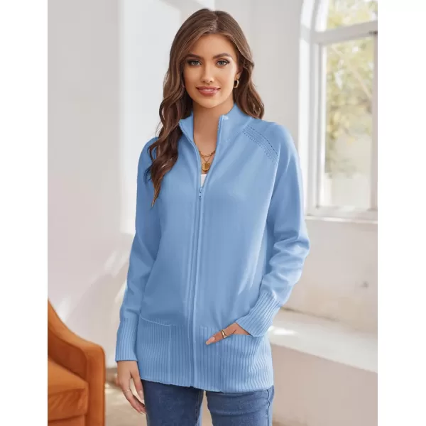 GRACE KARIN Womens Long Sleeve Zip Up Knit Cardigan with Pockets Stand Collar Full Zip Sweater Coat LightweightBlue