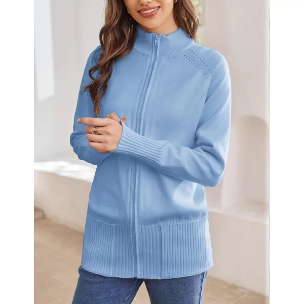 GRACE KARIN Womens Long Sleeve Zip Up Knit Cardigan with Pockets Stand Collar Full Zip Sweater Coat LightweightBlue