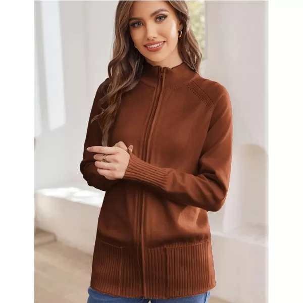 GRACE KARIN Womens Long Sleeve Zip Up Knit Cardigan with Pockets Stand Collar Full Zip Sweater Coat LightweightCaramel