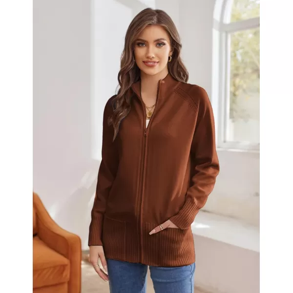 GRACE KARIN Womens Long Sleeve Zip Up Knit Cardigan with Pockets Stand Collar Full Zip Sweater Coat LightweightCaramel