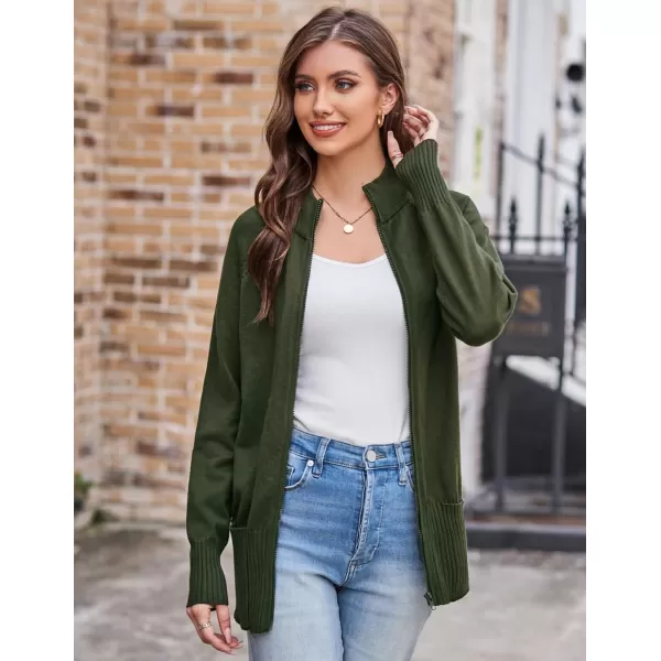 GRACE KARIN Womens Long Sleeve Zip Up Knit Cardigan with Pockets Stand Collar Full Zip Sweater Coat LightweightDark Army Green
