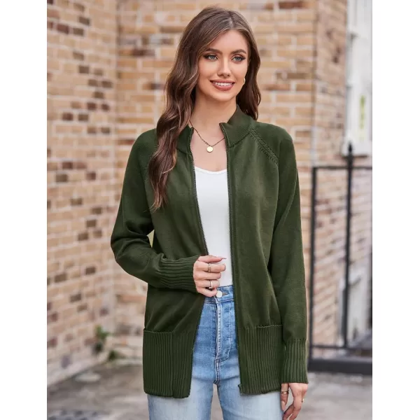 GRACE KARIN Womens Long Sleeve Zip Up Knit Cardigan with Pockets Stand Collar Full Zip Sweater Coat LightweightDark Army Green