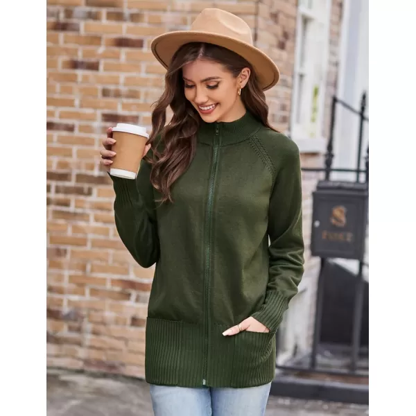 GRACE KARIN Womens Long Sleeve Zip Up Knit Cardigan with Pockets Stand Collar Full Zip Sweater Coat LightweightDark Army Green