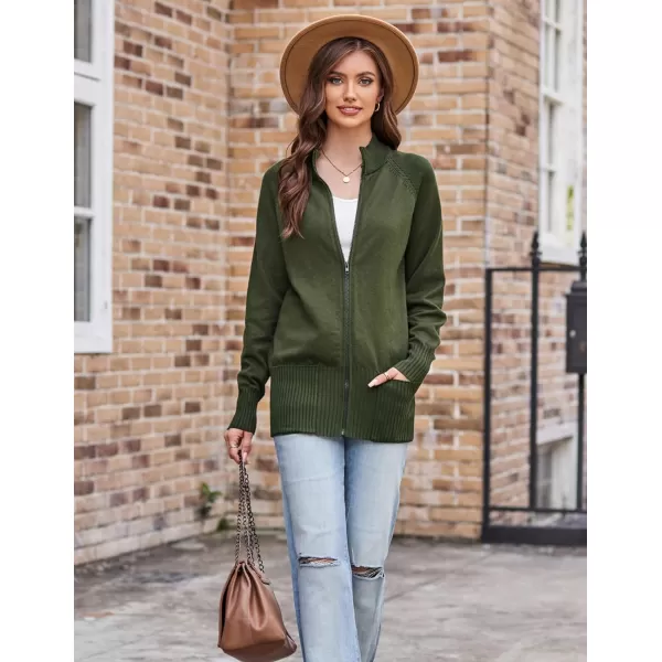 GRACE KARIN Womens Long Sleeve Zip Up Knit Cardigan with Pockets Stand Collar Full Zip Sweater Coat LightweightDark Army Green