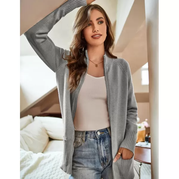 GRACE KARIN Womens Long Sleeve Zip Up Knit Cardigan with Pockets Stand Collar Full Zip Sweater Coat LightweightDark Heather Gray