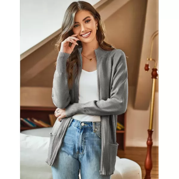 GRACE KARIN Womens Long Sleeve Zip Up Knit Cardigan with Pockets Stand Collar Full Zip Sweater Coat LightweightDark Heather Gray