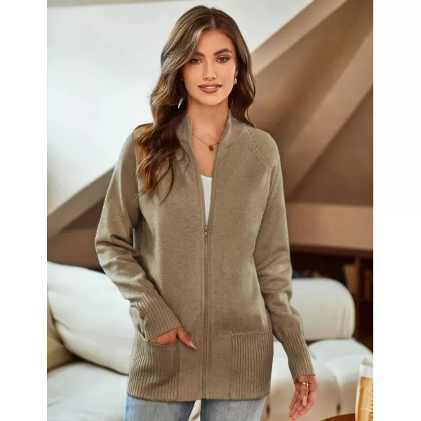 GRACE KARIN Womens Long Sleeve Zip Up Knit Cardigan with Pockets Stand Collar Full Zip Sweater Coat LightweightDark Heather Khaki
