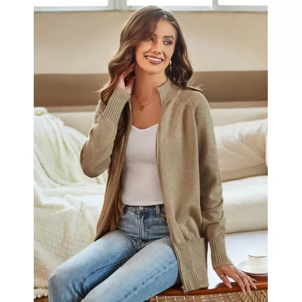 GRACE KARIN Womens Long Sleeve Zip Up Knit Cardigan with Pockets Stand Collar Full Zip Sweater Coat LightweightDark Heather Khaki