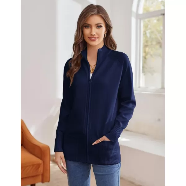 GRACE KARIN Womens Long Sleeve Zip Up Knit Cardigan with Pockets Stand Collar Full Zip Sweater Coat LightweightNavy Blue