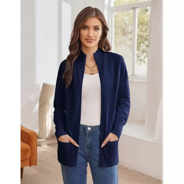 GRACE KARIN Womens Long Sleeve Zip Up Knit Cardigan with Pockets Stand Collar Full Zip Sweater Coat LightweightNavy Blue