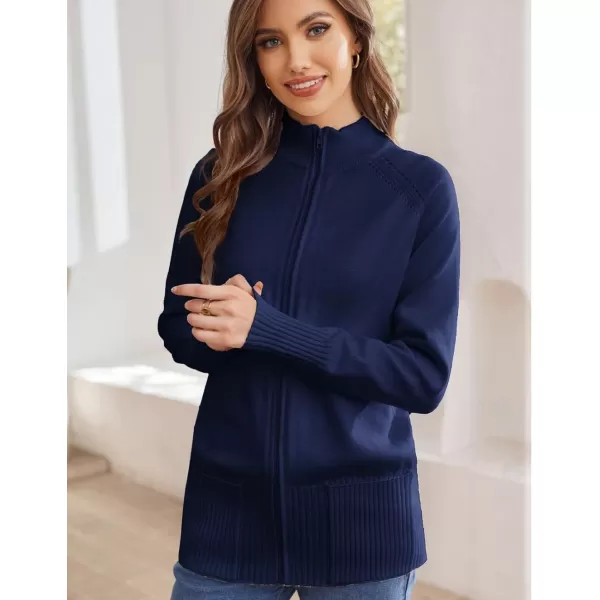 GRACE KARIN Womens Long Sleeve Zip Up Knit Cardigan with Pockets Stand Collar Full Zip Sweater Coat LightweightNavy Blue