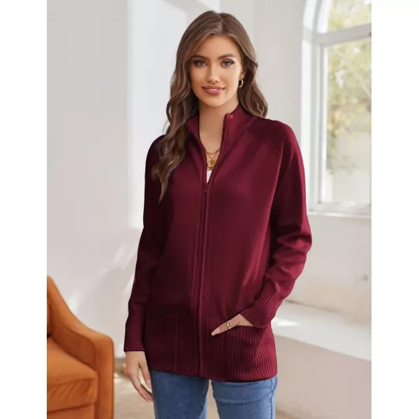 GRACE KARIN Womens Long Sleeve Zip Up Knit Cardigan with Pockets Stand Collar Full Zip Sweater Coat LightweightWine Red