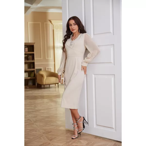 GRACE KARIN Womens Mesh Long Sleeve Midi Bodycon Dress V Neck Cocktail Party DressesApricot