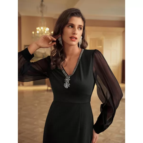 GRACE KARIN Womens Mesh Long Sleeve Midi Bodycon Dress V Neck Cocktail Party DressesBlack