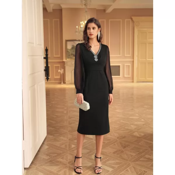 GRACE KARIN Womens Mesh Long Sleeve Midi Bodycon Dress V Neck Cocktail Party DressesBlack