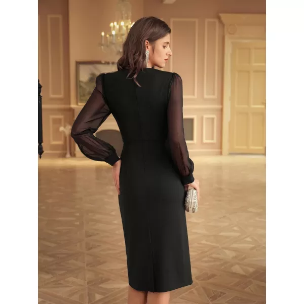 GRACE KARIN Womens Mesh Long Sleeve Midi Bodycon Dress V Neck Cocktail Party DressesBlack