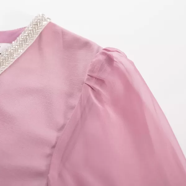 GRACE KARIN Womens Mesh Long Sleeve Midi Bodycon Dress V Neck Cocktail Party DressesPink