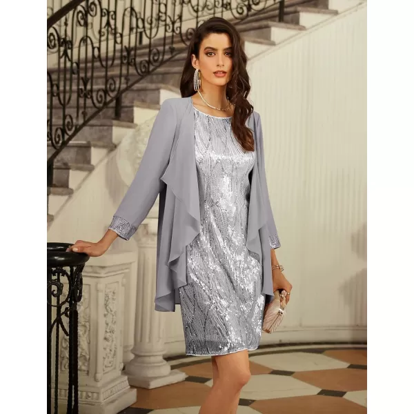 GRACE KARIN Womens Mother of The Bride Sequins Glitter Mini Jacket DressSilver