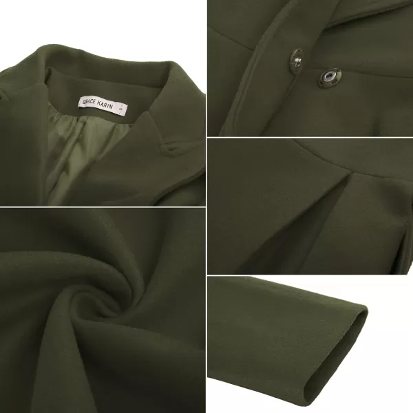 GRACE KARIN Womens Notch Lapel Long Puff Sleeve a Line Pea Coat with Self Tie BeltArmy Green Belt