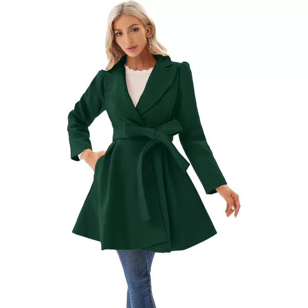 GRACE KARIN Womens Notch Lapel Long Puff Sleeve a Line Pea Coat with Self Tie BeltDark Green