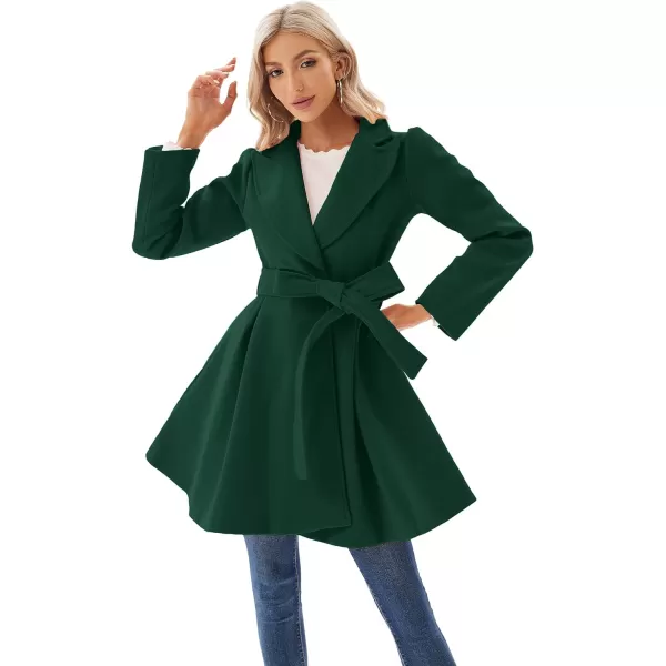 GRACE KARIN Womens Notch Lapel Long Puff Sleeve a Line Pea Coat with Self Tie BeltDark Green