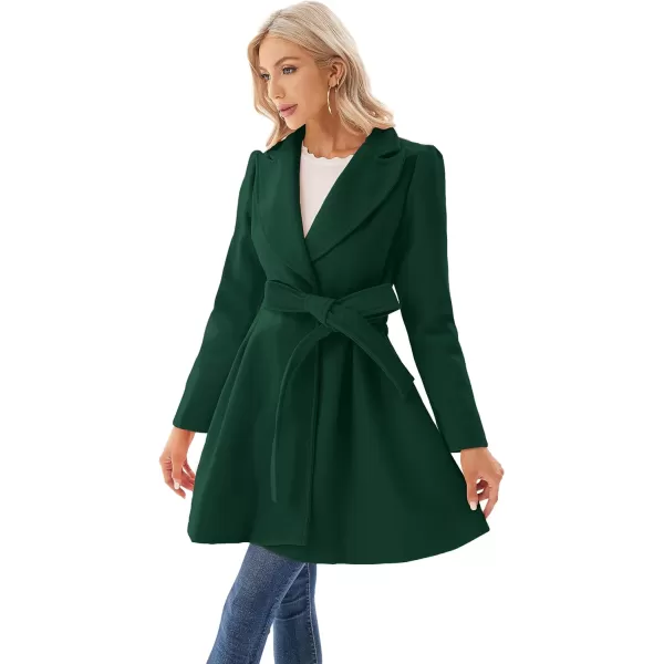 GRACE KARIN Womens Notch Lapel Long Puff Sleeve a Line Pea Coat with Self Tie BeltDark Green