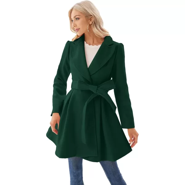 GRACE KARIN Womens Notch Lapel Long Puff Sleeve a Line Pea Coat with Self Tie BeltDark Green