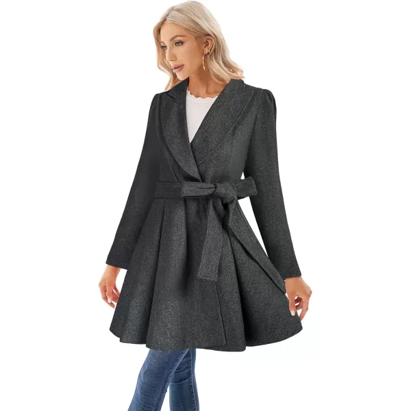 GRACE KARIN Womens Notch Lapel Long Puff Sleeve a Line Pea Coat with Self Tie BeltDark Grey