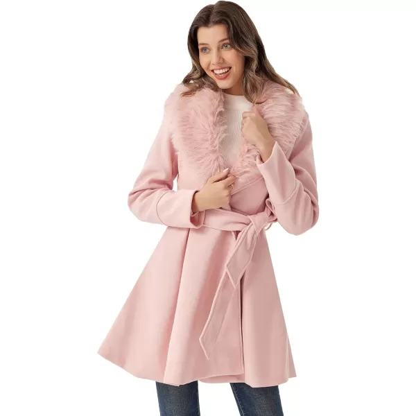 GRACE KARIN Womens Notch Lapel Long Puff Sleeve a Line Pea Coat with Self Tie BeltFur Light Pink