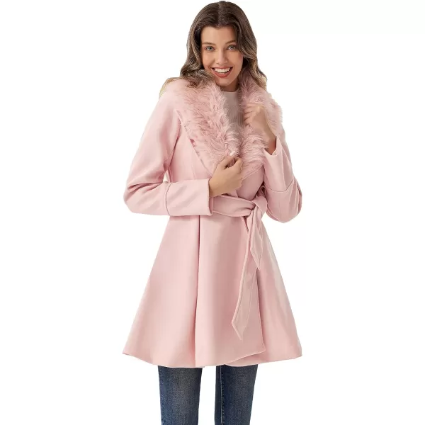 GRACE KARIN Womens Notch Lapel Long Puff Sleeve a Line Pea Coat with Self Tie BeltFur Light Pink