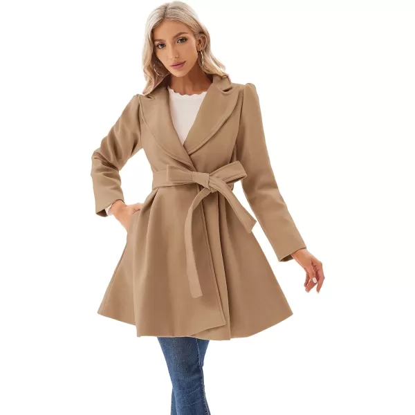 GRACE KARIN Womens Notch Lapel Long Puff Sleeve a Line Pea Coat with Self Tie BeltKhaki