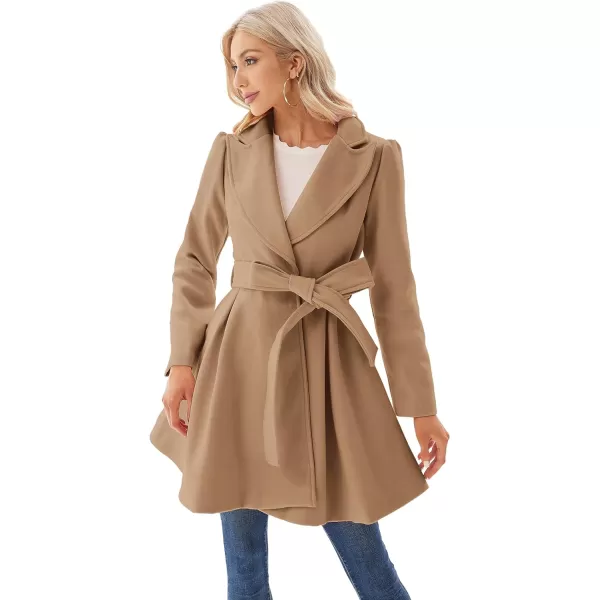 GRACE KARIN Womens Notch Lapel Long Puff Sleeve a Line Pea Coat with Self Tie BeltKhaki