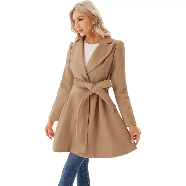 GRACE KARIN Womens Notch Lapel Long Puff Sleeve a Line Pea Coat with Self Tie BeltKhaki