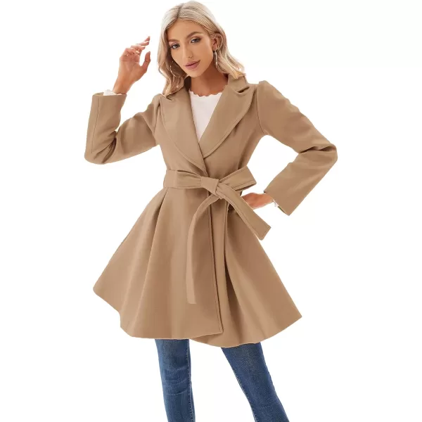 GRACE KARIN Womens Notch Lapel Long Puff Sleeve a Line Pea Coat with Self Tie BeltKhaki