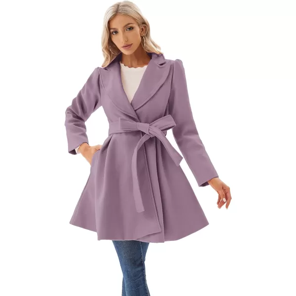 GRACE KARIN Womens Notch Lapel Long Puff Sleeve a Line Pea Coat with Self Tie BeltPink Purple