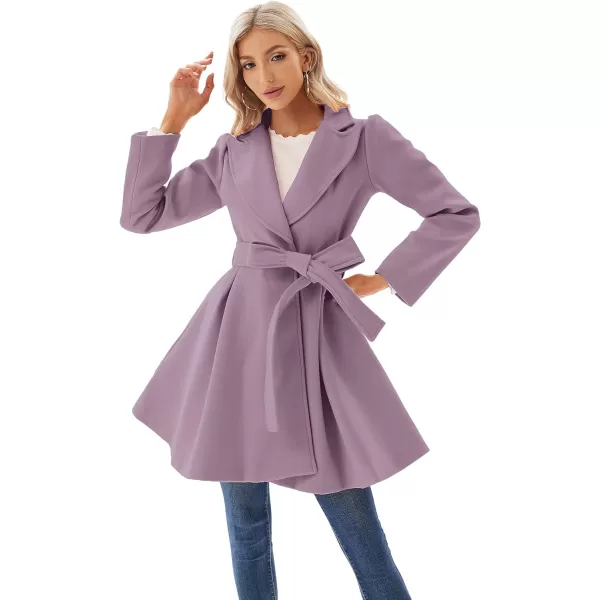 GRACE KARIN Womens Notch Lapel Long Puff Sleeve a Line Pea Coat with Self Tie BeltPink Purple