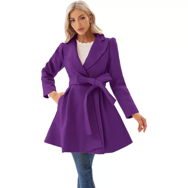 GRACE KARIN Womens Notch Lapel Long Puff Sleeve a Line Pea Coat with Self Tie BeltPurple