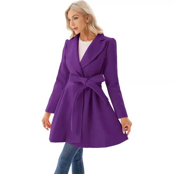 GRACE KARIN Womens Notch Lapel Long Puff Sleeve a Line Pea Coat with Self Tie BeltPurple