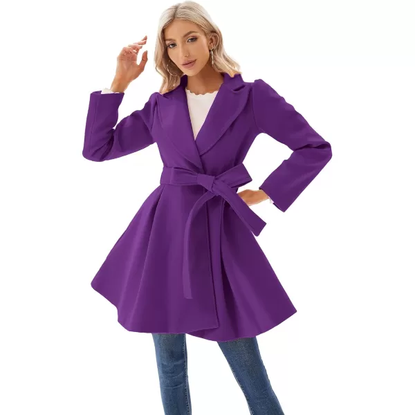 GRACE KARIN Womens Notch Lapel Long Puff Sleeve a Line Pea Coat with Self Tie BeltPurple