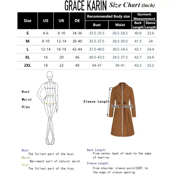 GRACE KARIN Womens Notched Lapel Double Breasted Pea Coat MidLong Wool Blend Over Coats with BeltBlack