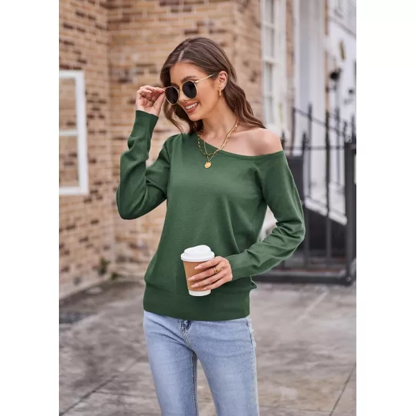 GRACE KARIN Womens Off Shoulder Sweater Long Sleeve Loose Pullover Knit Jumper Tunic TopsArmy Green